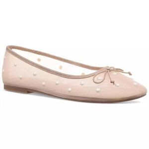 Mesh Beige Ballet Flats with Pearls